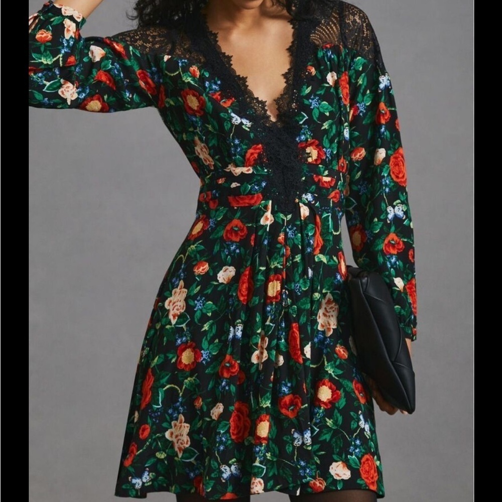 Anthropologie Black Lacy V Neck Dark Floral Butterfly Print Dress Size 2 NWT